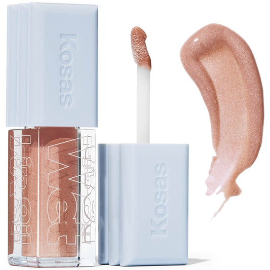 Kosas Cosmetics Wet Lip Oil Gloss - Unzipped (4.6 ml) showing spreading wand and product swatch